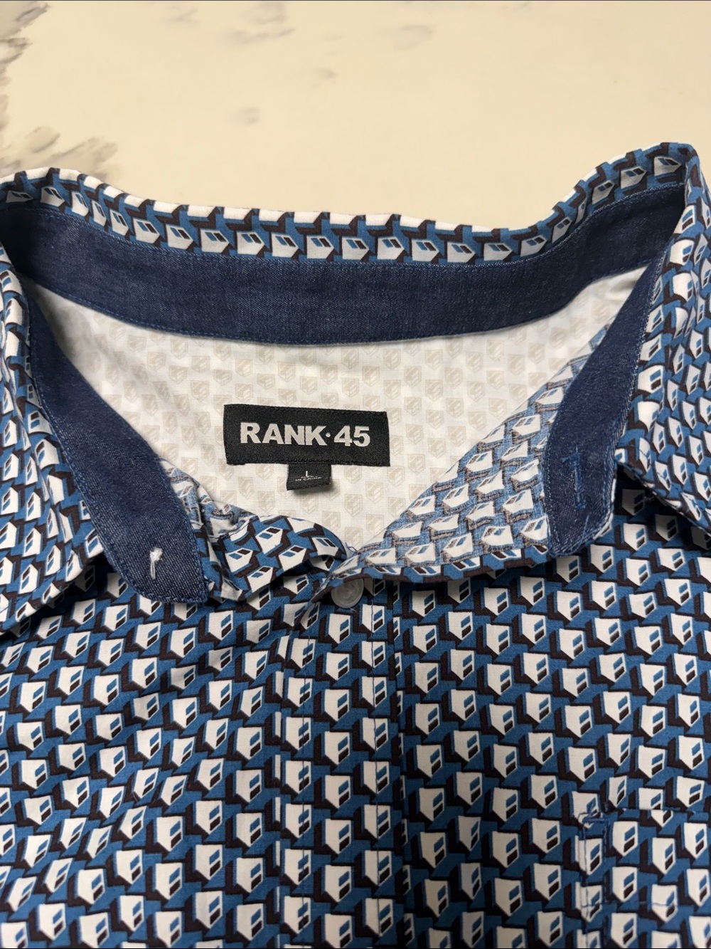Rank-45 Men’s Blue Geometric Button-Up Shirt